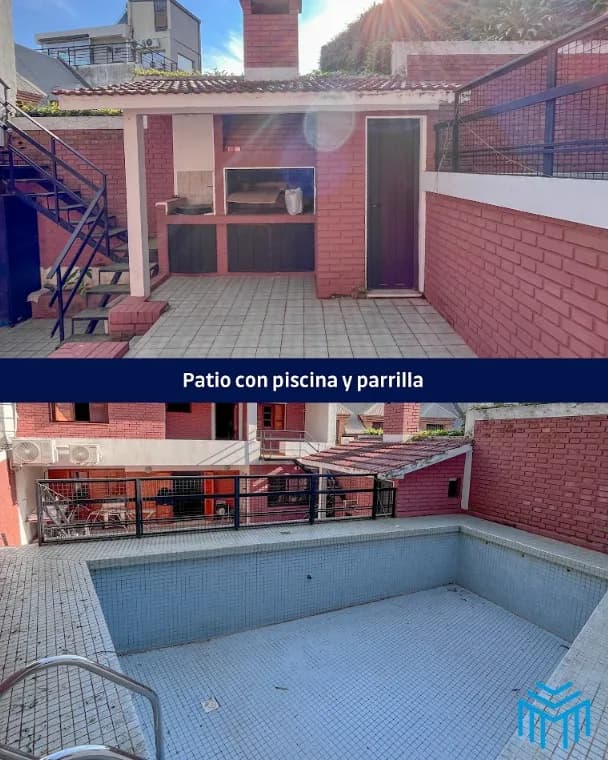 Patio con piscina y parrilla