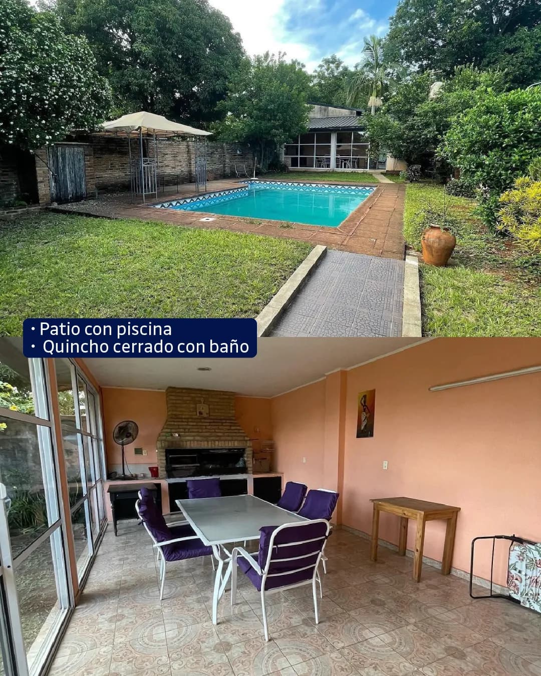 Patio con piscina y quincho cerrado