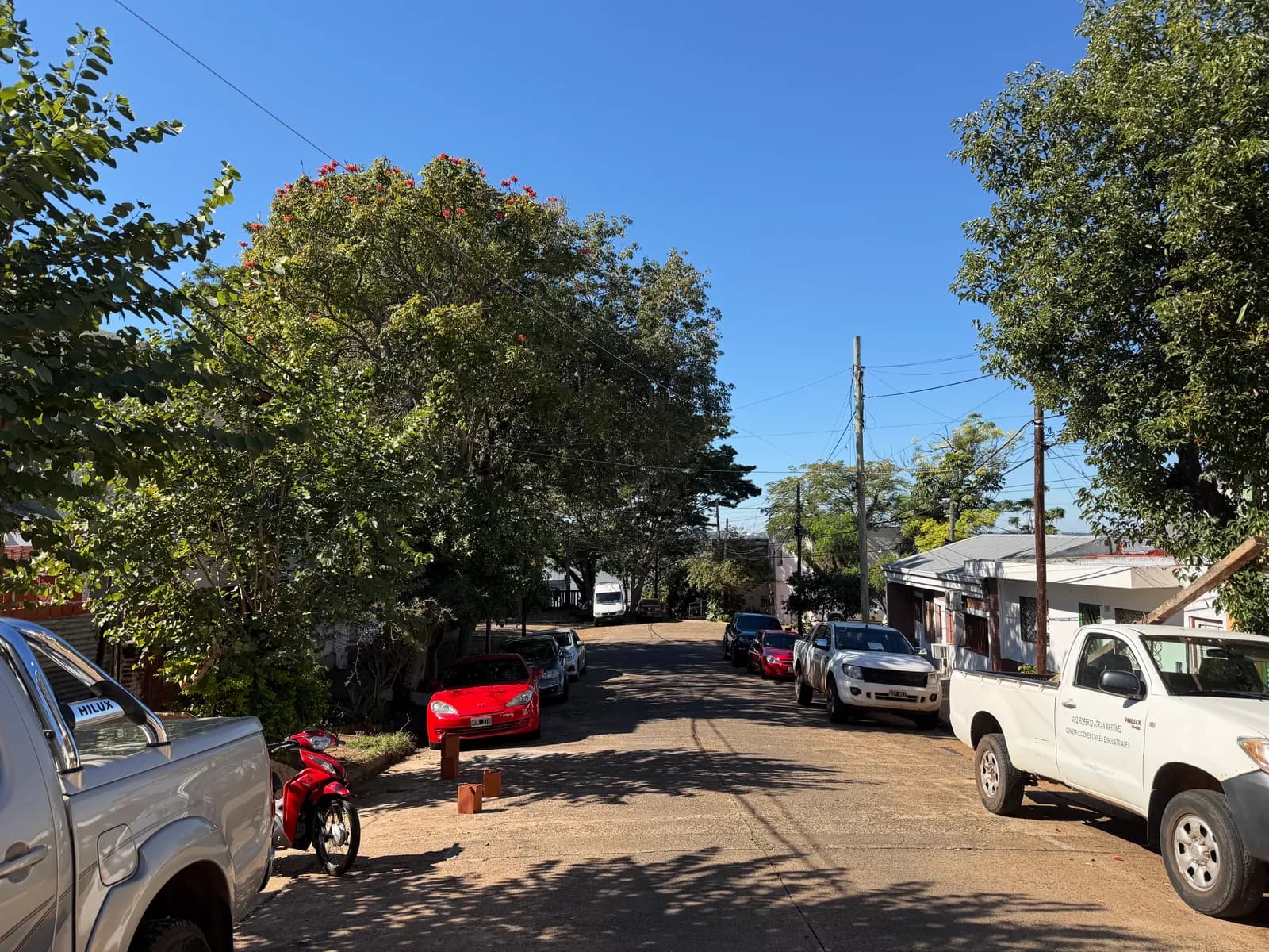 Calle residencial arbolada con vehículos