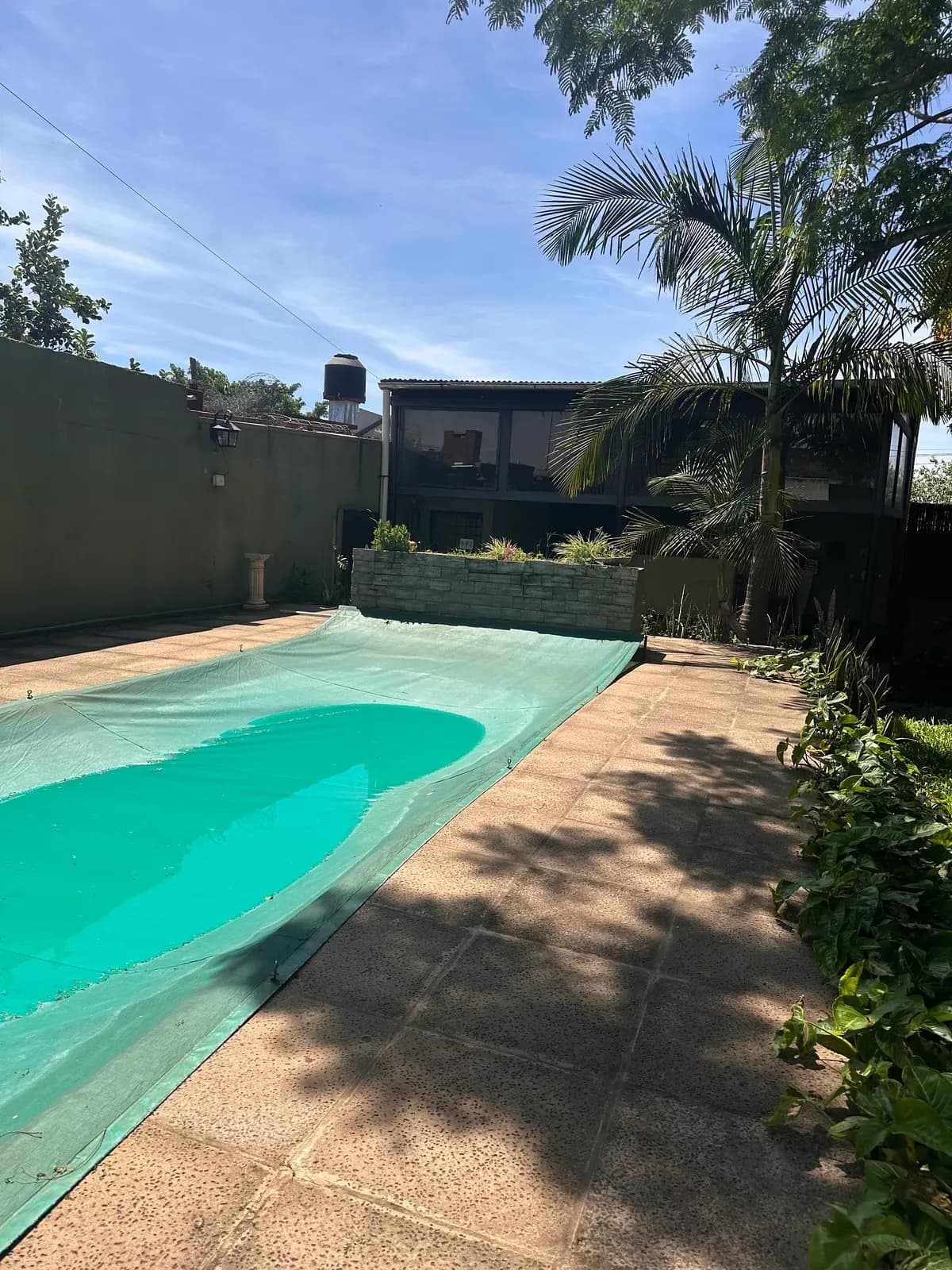 Patio con piscina y jardín