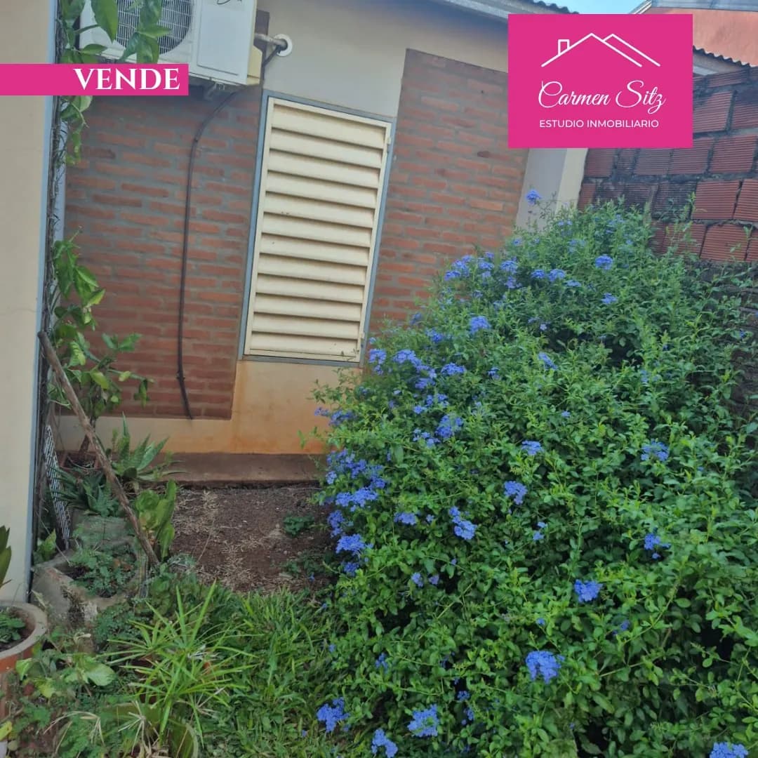 Patio con jardín y flores azules