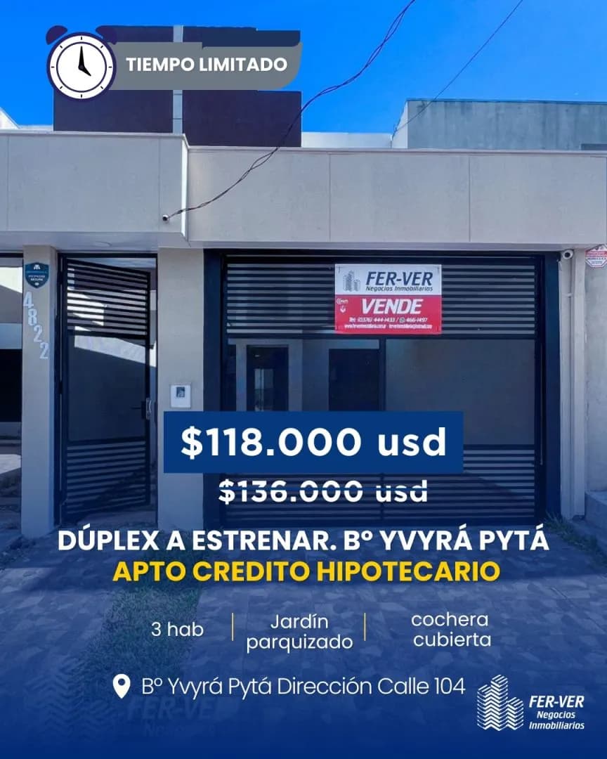 Venta Dúplex 4 amb. A Estrenar. Bº Yvyrá Pytá. APTO CREDITO HIPOTECARIO