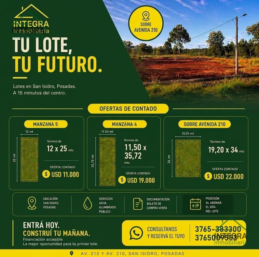 Lotes en San Isidro, Posadas | Desde USD 11.000 | Contado y financiación