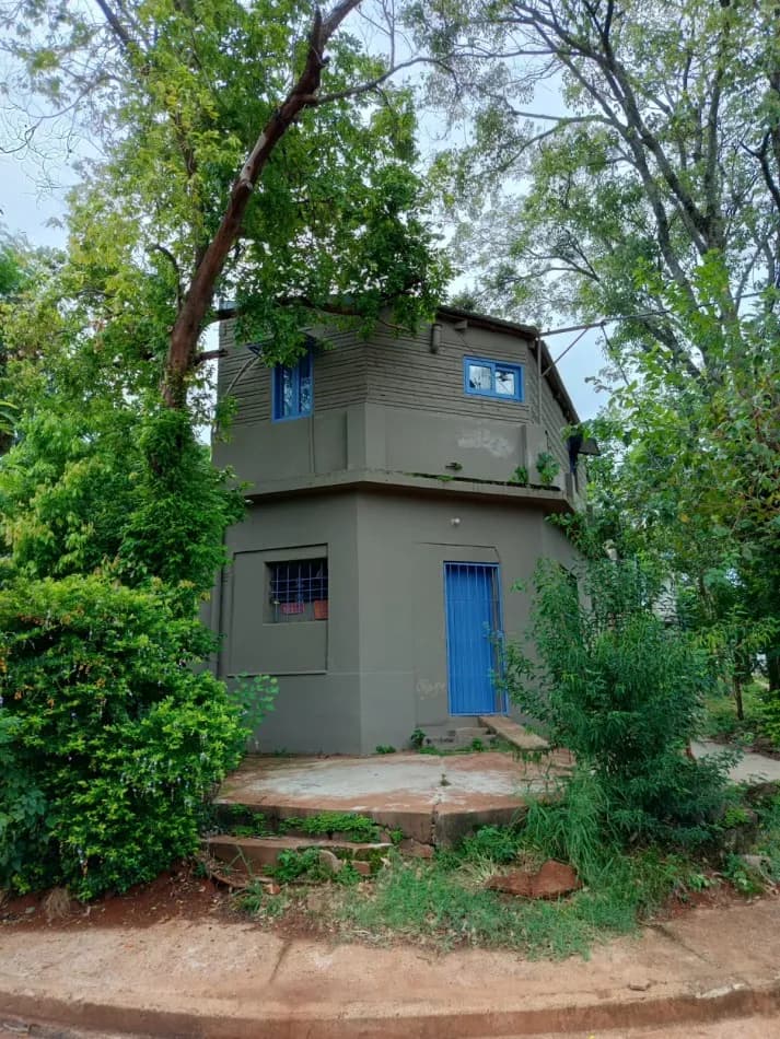Casa gris rodeada de abundante vegetación
