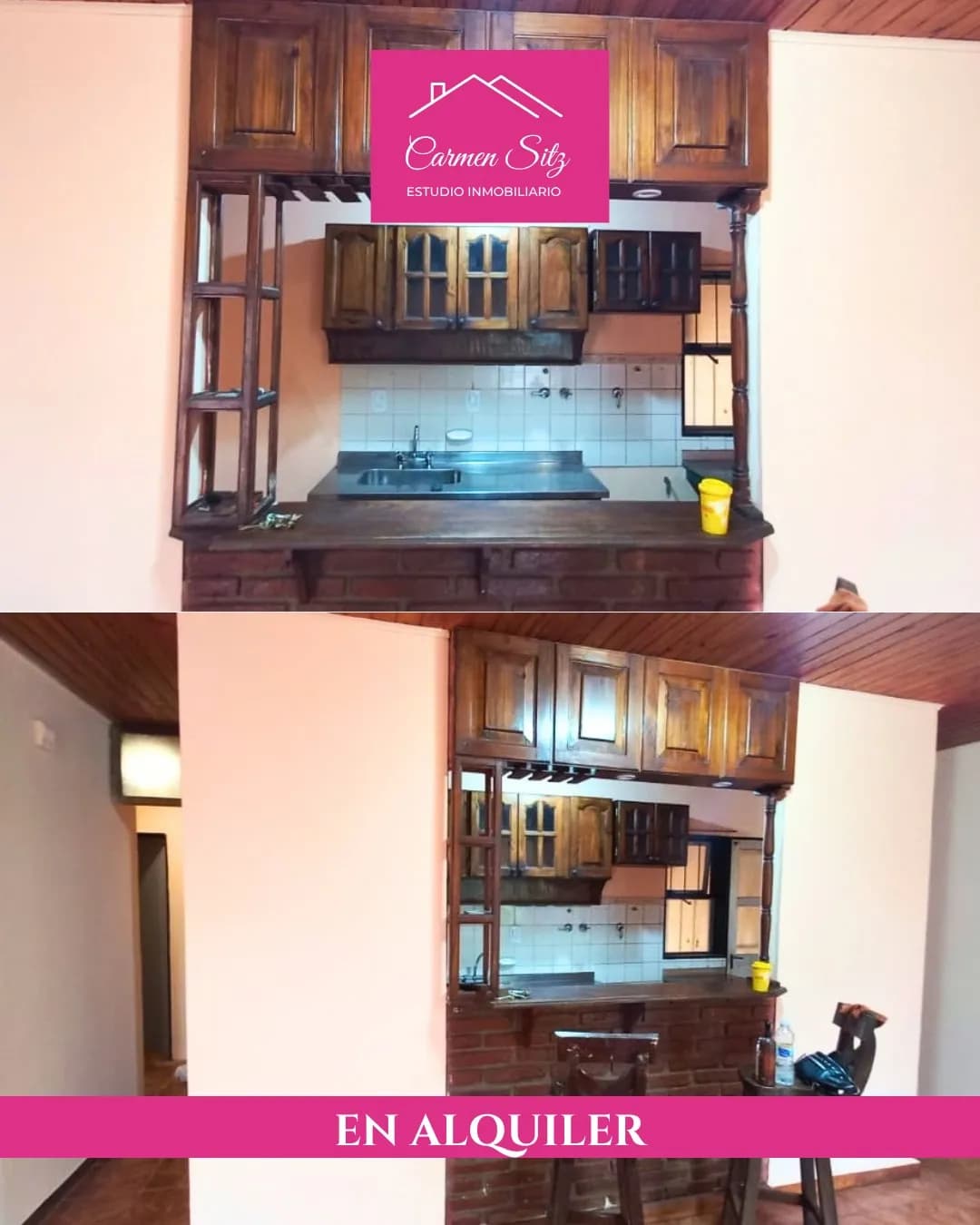 Cocina con barra de madera