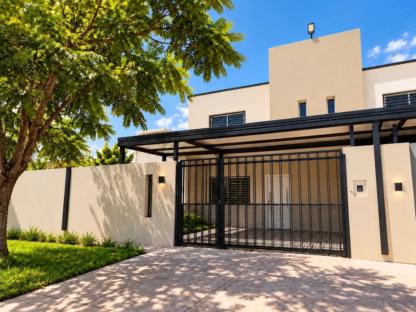 Fachada de casa moderna con portón