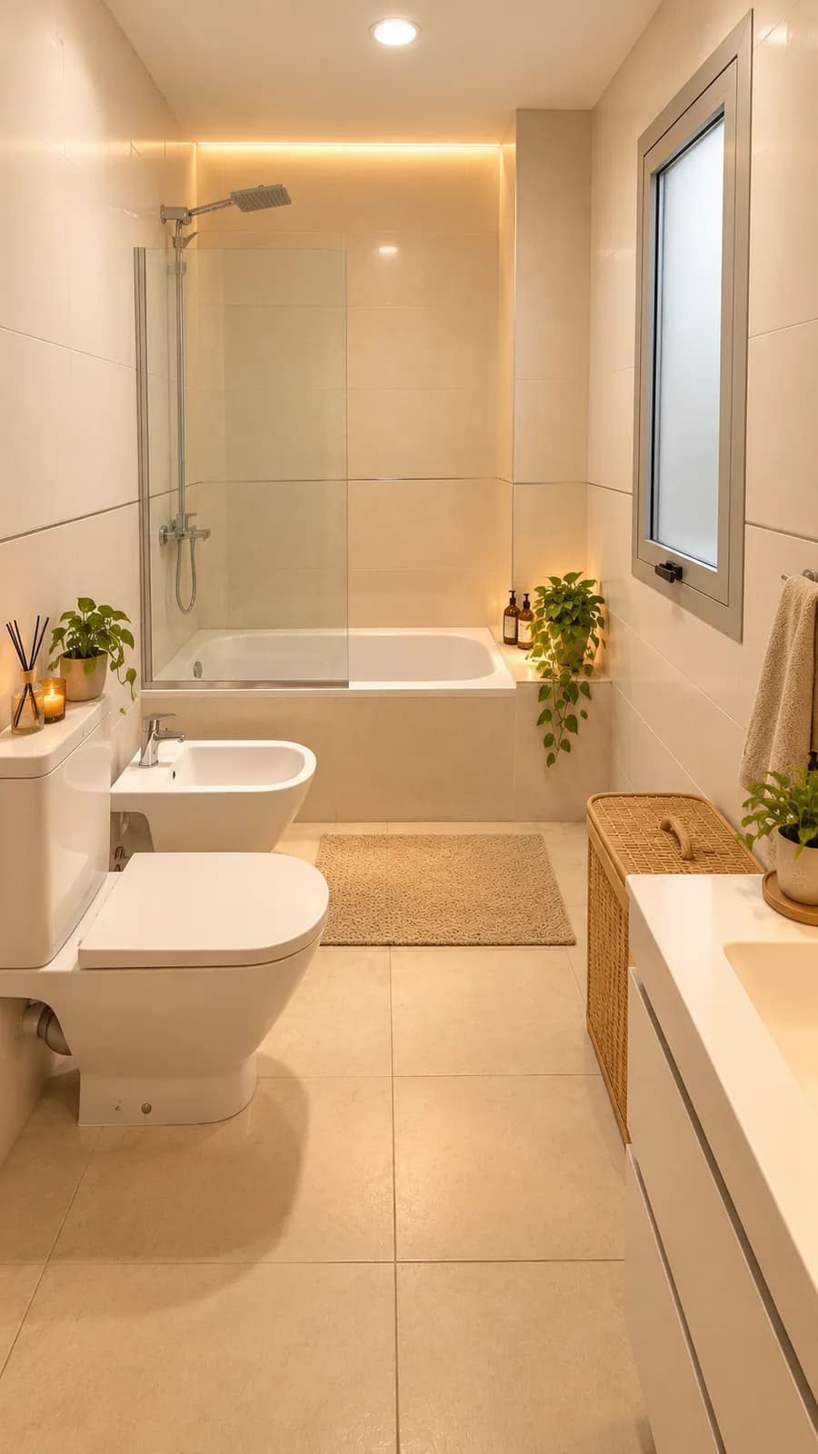 Baño moderno con tonos cálidos