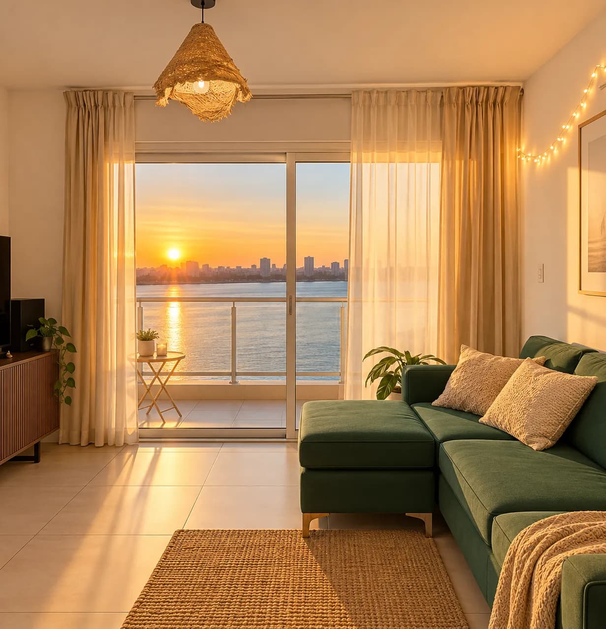 Sala moderna con vista al atardecer